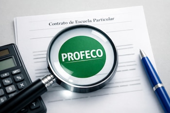 Un contrato de escuela particular con una lupa sobre el logo de Profeco. Junto al documento, una calculadora y un bolígrafo azul sobre un fondo gris claro.