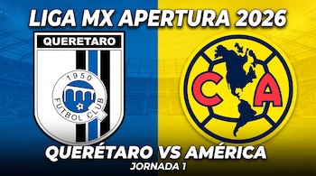 Escudos de los clubes Querétaro y América en fondo azul y amarillo. Texto: Liga MX Apertura 2026, Querétaro vs América, Jornada 1.