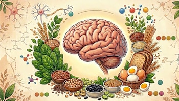 Ilustración de un cerebro humano en el centro, rodeado de espinacas, legumbres, granos, pan y huevos, con neuronas y moléculas químicas