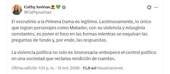 Cathy Juvinao defendió su postura al señalar que el rechazo a la violencia machista debe mantenerse independientemente de la orientación política de la mujer afectada - crédito @CathyJuvinao/X