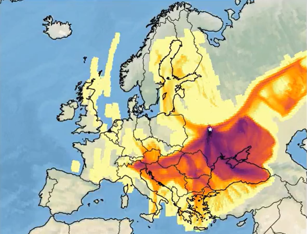 Simulación de la nube radioactiva a 5 de mayo de 1986, días después de la fuga. (Aemet)
