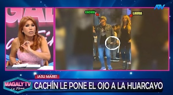 ¿Nuevo romance? Laura Huarcayo y Carlos Alcántara sorprenden con muestras de cariño en el Estadio Nacional. Captura: Magaly TV La Firme.