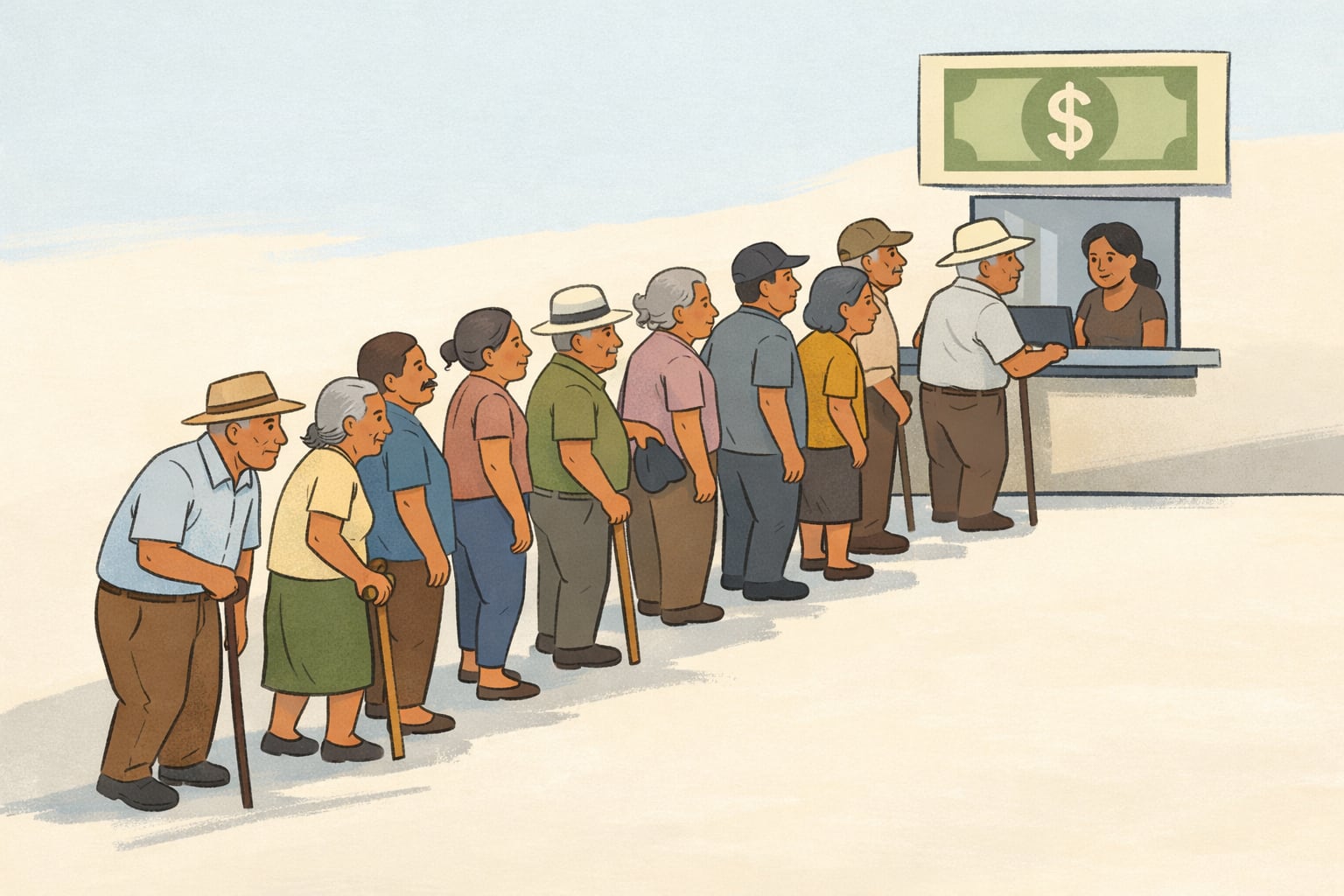 Una fila de personas adultas mayores salvadoreñas espera pacientemente frente a una ventanilla donde se gestionan los pagos de pensiones. (Imagen Ilustrativa Infobae)