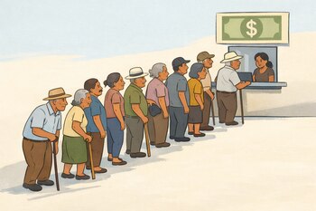 Ilustración de una fila de once personas salvadoreñas, adultos y adultos mayores, con bastones y sombreros, esperando en ventanilla con billete de dólar.