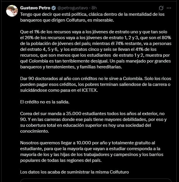 La resolución afectará la continuidad del principal esquema de apoyo educativo internacional, obligando a la fundación a replantear su sostenibilidad y a buscar alternativas tras el cese de la alianza estatal - crédito @petrogustavo/ X
