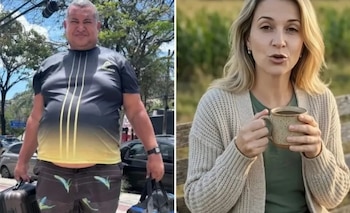 Composición de dos fotos: un hombre con maletas en una calle y una mujer rubia con un abrigo que sujeta una taza al aire libre