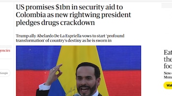 La cobertura hizo foco en la promesa de mano dura contra el narcotráfico, destacando el respaldo financiero de Estados Unidos y el discurso de confrontación frente a las redes criminales - crédito The Guardian captura de pantalla