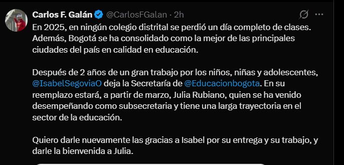Carlos Fernando Galán anunció la renuncia de Isabel Segovia, su secretaria de Educación - crédito @CarlosFGalan/X