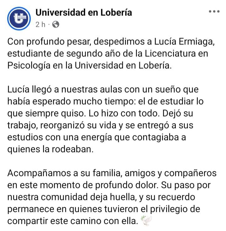 La Universidad en Lobería despidió con profundo pesar a Lucía Ermiaga, estudiante de psicología y víctima de un trágico accidente, dejando un profundo dolor en la comunidad.