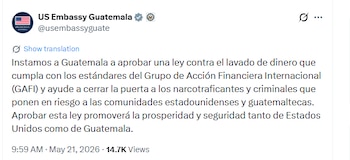 El Congreso de Guatemala analiza ocho enmiendas y cinco propuestas para la ley contra el lavado de dinero y financiamiento del terrorismo. (Cortesía: Embajada de Estados Unidos en Guatemala)