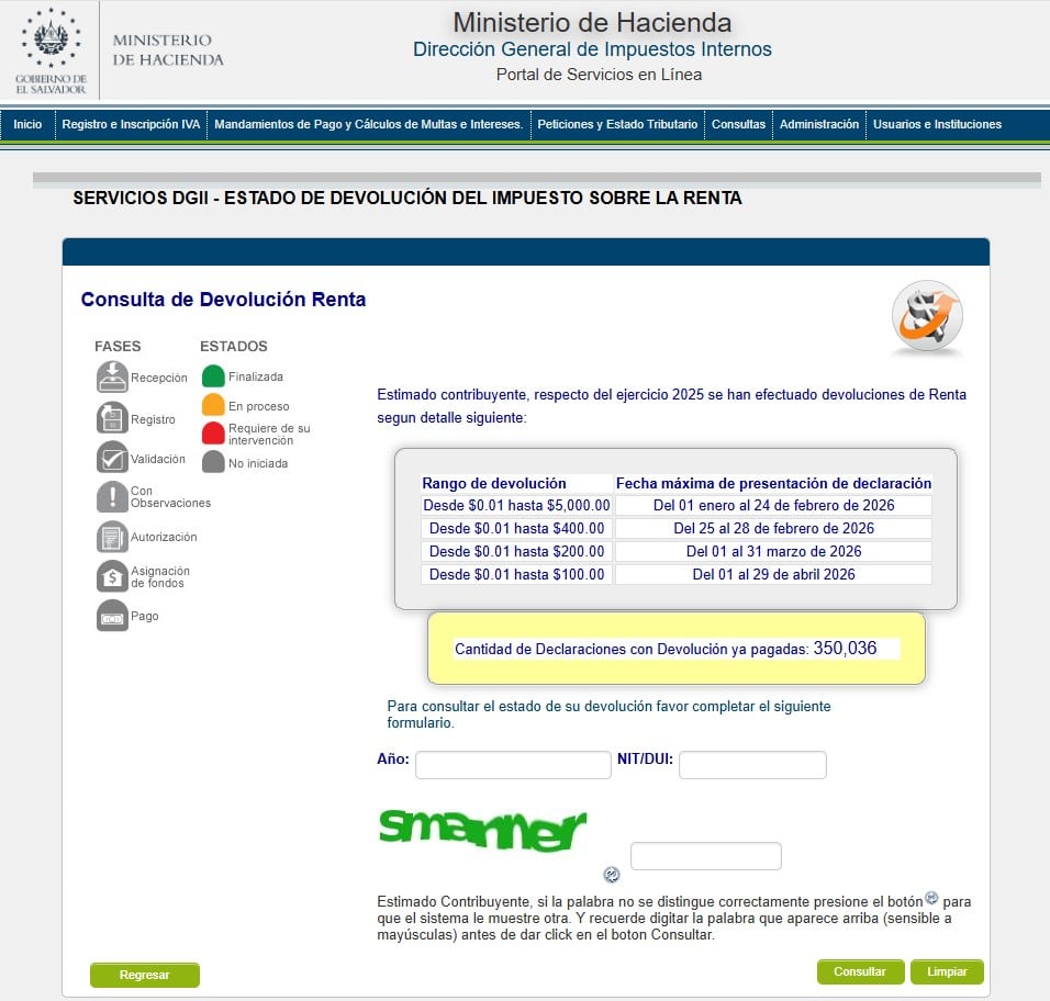 El sitio web del Ministerio de Hacienda de El Salvador permite a los contribuyentes consultar el estado del trámite de devolución del impuesto sobre la renta. (Ministerio de Hacienda de El Salvador)