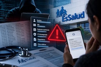 Ilustración con una persona frente a una computadora, documentos médicos, la fachada de EsSalud y un teléfono celular con un mensaje de texto