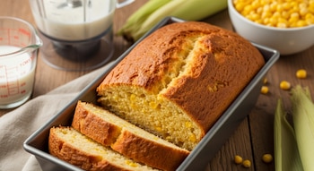 Pan de elote en un molde con rebanadas, granos de maíz en un tazón y esparcidos, leche en un vaso medidor y licuadora, y mazorcas sobre mesa de madera.