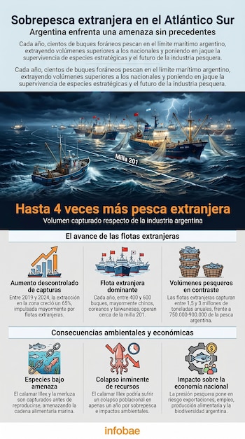 Una imagen con el título 'Sobrepesca extranjera en el Atlántico Sur' y una ilustración de múltiples buques pesqueros en un mar tormentoso con relámpagos.