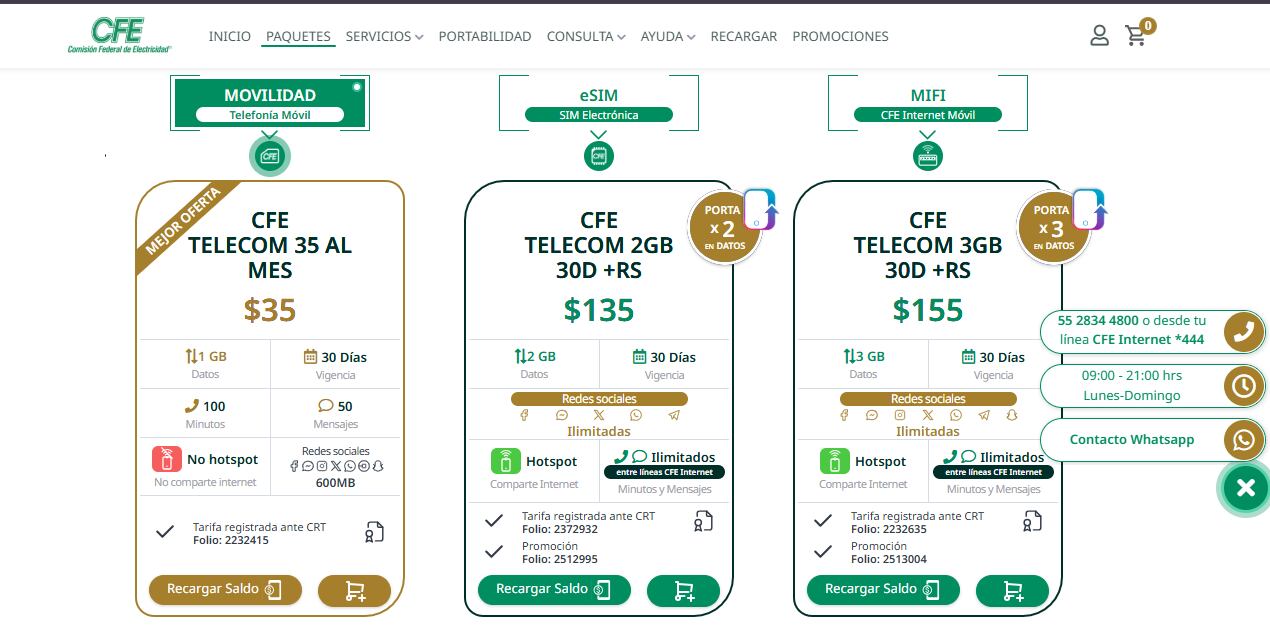 Para quienes buscan mayores beneficios, existen alternativas con redes sociales ilimitadas y posibilidad de usar hotspot, con opciones de 2 GB por $135, 3 GB por $155, 4 GB por $180, 12 GB por $220, 24 GB por $275, 35 GB por $325 y 50 GB por $510, todos con vigencia de 30 días y minutos y mensajes ilimitados (Captura de pantalla CFE)