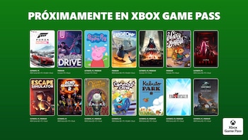 Captura de pantalla mostrando el texto 'PRÓXIMAMENTE EN XBOX GAME PASS' y catorce portadas de videojuegos sobre un fondo verde