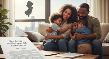 Una familia afroamericana se abraza en un sofá con un documento sobre enmiendas de ley en una mesa y un mapa de Nueva Jersey en la ventana.