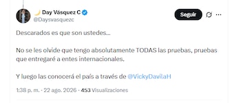 Day Vásquez, exesposa de Nicolás Petro, aseguró tener pruebas sobre el presunto actuar delictivo del hijo del expresidente Gustavo Petro - crédito @Daysvasquezc/X