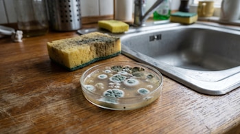 Un plato de Petri con colonias de moho de colores verde y blanco sobre una encimera de madera en una cocina, con una esponja sucia y un fregadero al fondo.