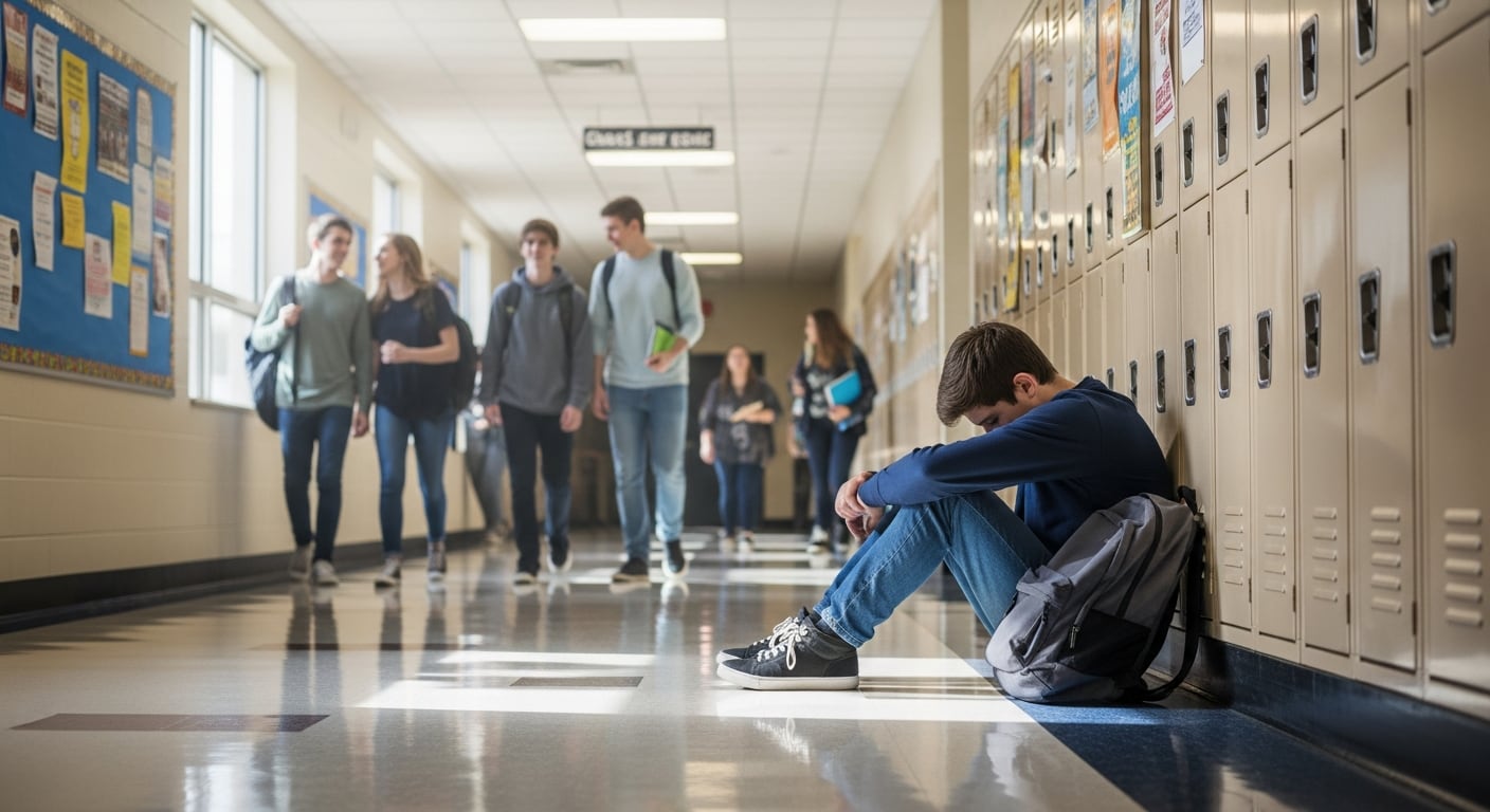 Un adolescente se sienta solo y cabizbajo en el suelo de un pasillo escolar, con su mochila a un lado, mientras otros estudiantes caminan a lo lejos, simbolizando el aislamiento y el impacto del bullying. (Imagen Ilustrativa Infobae)