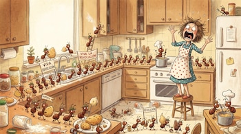 Ilustración de una mujer gritando, de pie sobre un taburete en una cocina donde cientos de hormigas roban comida y sostienen pancartas.