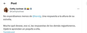 Cathy Juvinao destacó la respuesta de Karol G a la polémica - crédito @CathyJuvinao