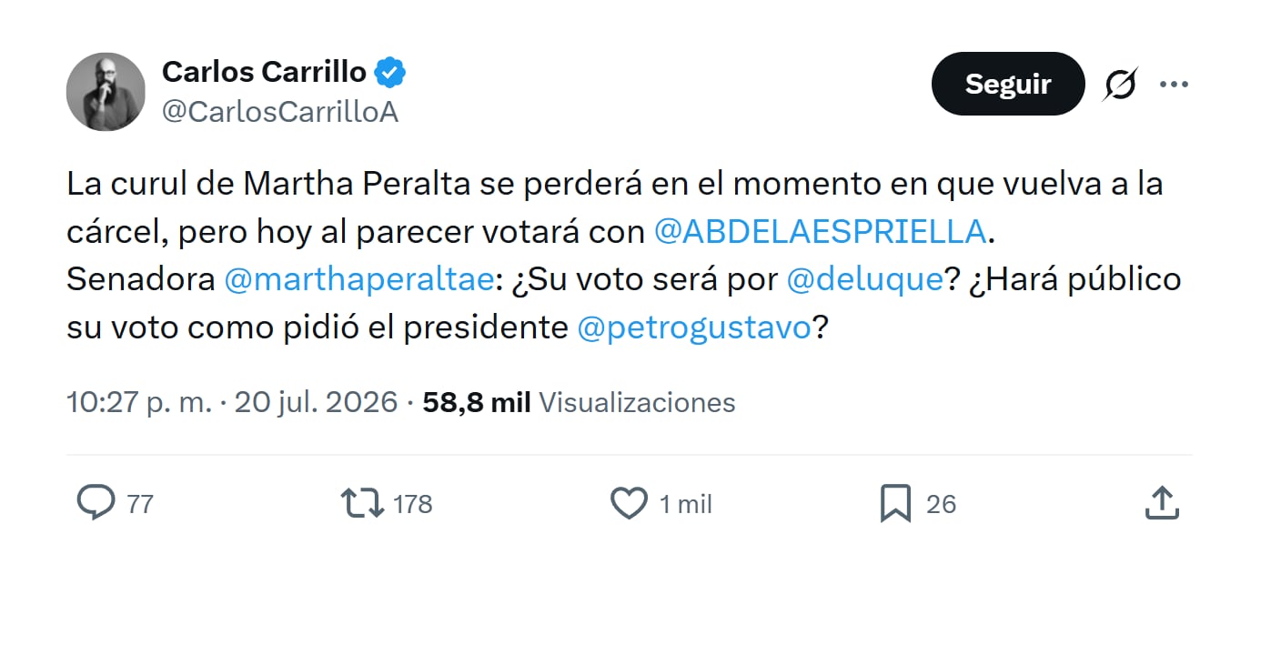 Con este mensaje en la red social X, el exdirector de la Ungrd Carlos Carrillo lanzó duros señalamientos contra la senadora Martha Peralta - crédito @CarlosCarrilloA/X