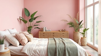 Vista de un dormitorio con paredes rosa, cama blanca y manta verde, mesitas de noche y cómoda de madera clara, y plantas grandes en macetas de mimbre.