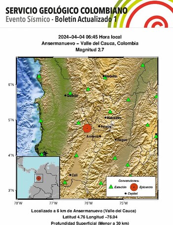 Reporte oficial de SGC sobre el sismo reportado en el departamento de Valle del Cauca este jueves 4 de abril - crédito SGC
