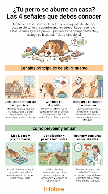 Infografía con ilustraciones de un perro beagle aburrido, mostrando señales de conducta destructiva, cambios de apetito y búsqueda de atención, y métodos de prevención.