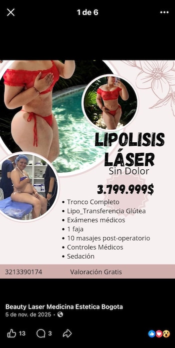 Beauty Láser M. D. ofrecía procedimientos como lipólisis láser, lipo 360, lipotransferencias y espacios de recuperación para pacientes, según publicaciones difundidas en redes sociales - crédito Beauty Láser/Facebook