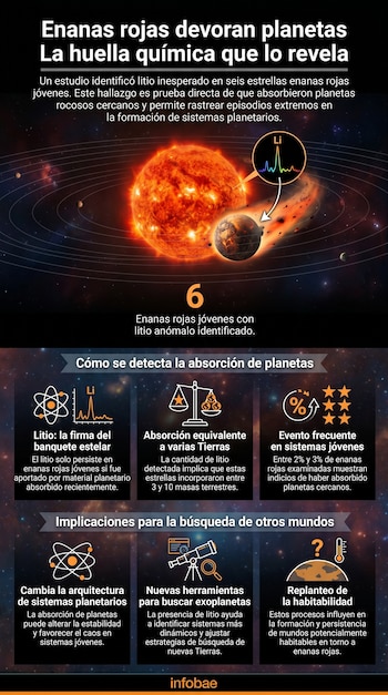 Infografía espacial con una enana roja brillante que atrae a un planeta rocoso, mostrando gráficas de litio y secciones informativas sobre el hallazgo.
