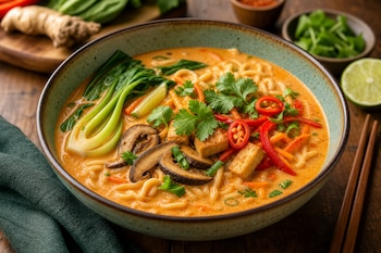 Tazón con sopa de fideos, trozos de tofu, hongos, pimiento rojo y col china, acompañado por palillos de madera y un trozo de lima.