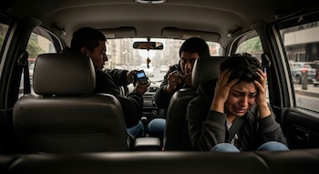 Interior de un taxi con tres personas. Una persona llora en el asiento trasero y dos hombres se sientan adelante, uno sostiene un dispositivo electrónico.