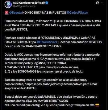 La ACC advirtió que el aumento de las cargas tributarias en Bogotá puede trasladarse a los precios de bienes y servicios y afectar a consumidores, comerciantes, empresarios y trabajadores - crédito @ACC_camioneros
/ X