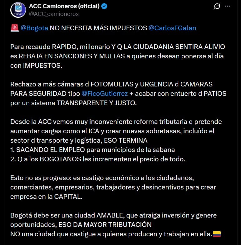 La ACC advirtió que el aumento de las cargas tributarias en Bogotá puede trasladarse a los precios de bienes y servicios y afectar a consumidores, comerciantes, empresarios y trabajadores - crédito @ACC_camioneros
/ X