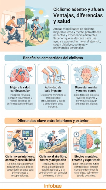 Ilustración de un hombre en bicicleta estática dentro de una casa y una mujer en bicicleta de ruta al aire libre, con iconos de beneficios y diferencias.