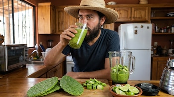 Hombre barbudo con sombrero de paja bebe un licuado verde de un vaso en una cocina rústica, con nopales frescos y limones en la mesa de madera.