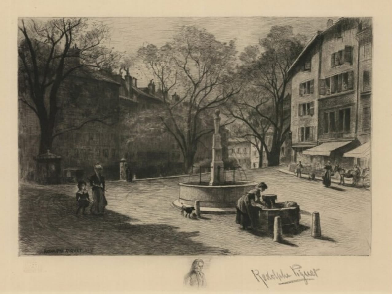 Un dibujo de la plaza Du Bour de Four, en Ginebra.