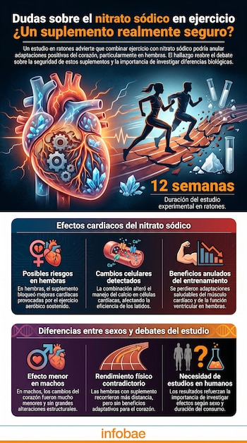 Infografía con un corazón estilizado, atletas corriendo y elementos científicos que ilustran los efectos del nitrato sódico en el corazón y el ejercicio.