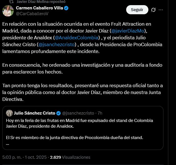 Procolombia está realizando una investigación sobre los hechos - crédito @javierDiazMo/X