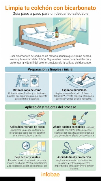 Infografía que detalla los siete pasos para limpiar un colchón con bicarbonato, mostrando una cama, productos de limpieza y herramientas como una aspiradora.