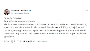 Gustavo Bolívar aseguró que en poder de Gustavo Petro detiene el empalme y pide intervención del Cidh luego de recibir amenaza de extradición - créditoo @GustavoBolivar/X