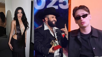 Collage con dos retratos: una mujer de cabello oscuro con vestido negro y un hombre barbudo con sombrero, traje y un trofeo.