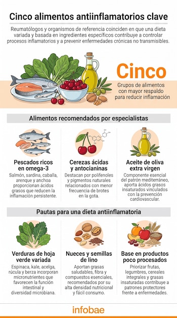 Infografía con recuadros e ilustraciones de pescados, cerezas, aceite de oliva, vegetales de hoja verde, frutos secos y semillas.