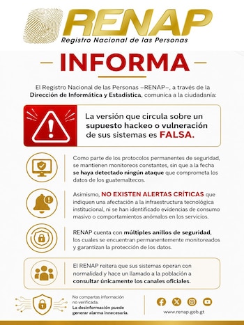 Póster informativo oficial de RENAP sobre fondo blanco, desmintiendo rumores de hackeo con un gran signo de advertencia y texto en rojo