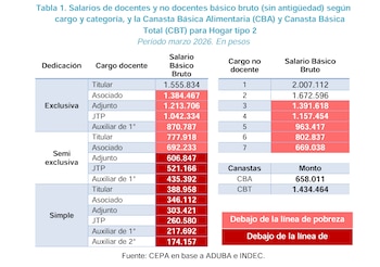 Tabla detallando salarios brutos de docentes y no docentes universitarios en marzo de 2026, comparados con canastas básicas; varios salarios en rojo