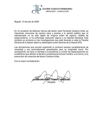 La defensa sostuvo que no existe una condena ni una decisión judicial que permita afirmar que su cliente está preso por corrupción en la Nueva EPS - crédito suministrado a Infobae