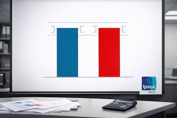 Gráfico conceptual con dos barras azul y roja de igual altura y margen de error. En pantalla, logo de Ipsos Perú. Escritorio con papeles y calculadora.