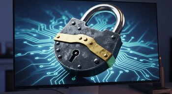 Un monitor de computadora curvo muestra en su pantalla un candado gris y dorado con un fondo de líneas de circuito azul brillante que se extienden por el monitor.